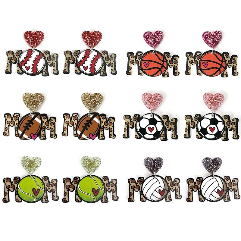 Mom Leopard Print Acrylic Dangle Earrings With Steel Earring Post Glitter Heart Sports Ball Mother Day Jewelry