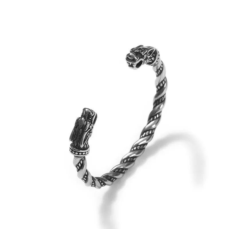 Viking Dragon Head Cuff Bracelet Stainless Steel Twisted Rope Design Retro Nordic Style Open Bangle Jewelry For Men