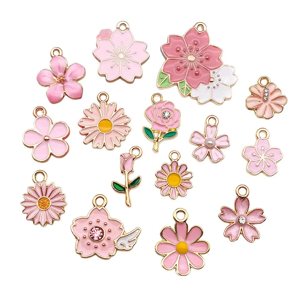 Flower Charms Pendants Enamel Zinc Alloy Pink Cherry Blossom Daisy Rose For DIY Jewelry Making Crafts Keychain Necklace