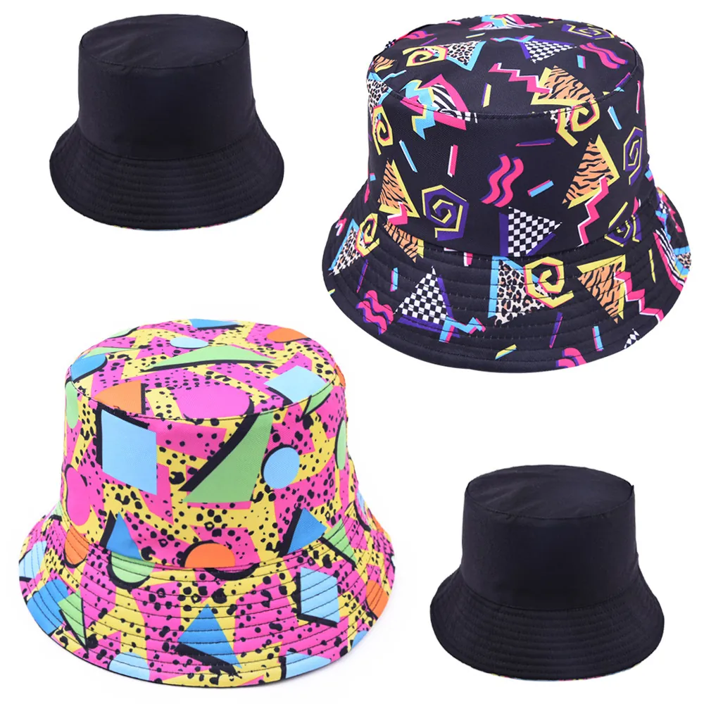 Bucket Hat Cotton Reversible Sun Protection Outdoor Retro Geometric Print Streetwear Unisex