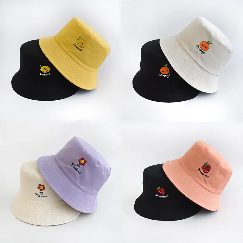 Women's Polyester Fruit Floral Embroidery Bucket Hat Double-Sided Sun Protection Summer Outdoor Foldable Fisherman Hat