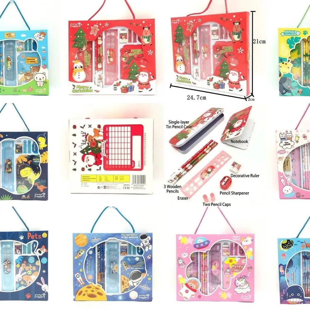 Cartoon Children Stationery Wood Pencils Tin Case Ruler Eraser Sharpener Notebook Student School Reward Supplies Portable Gift