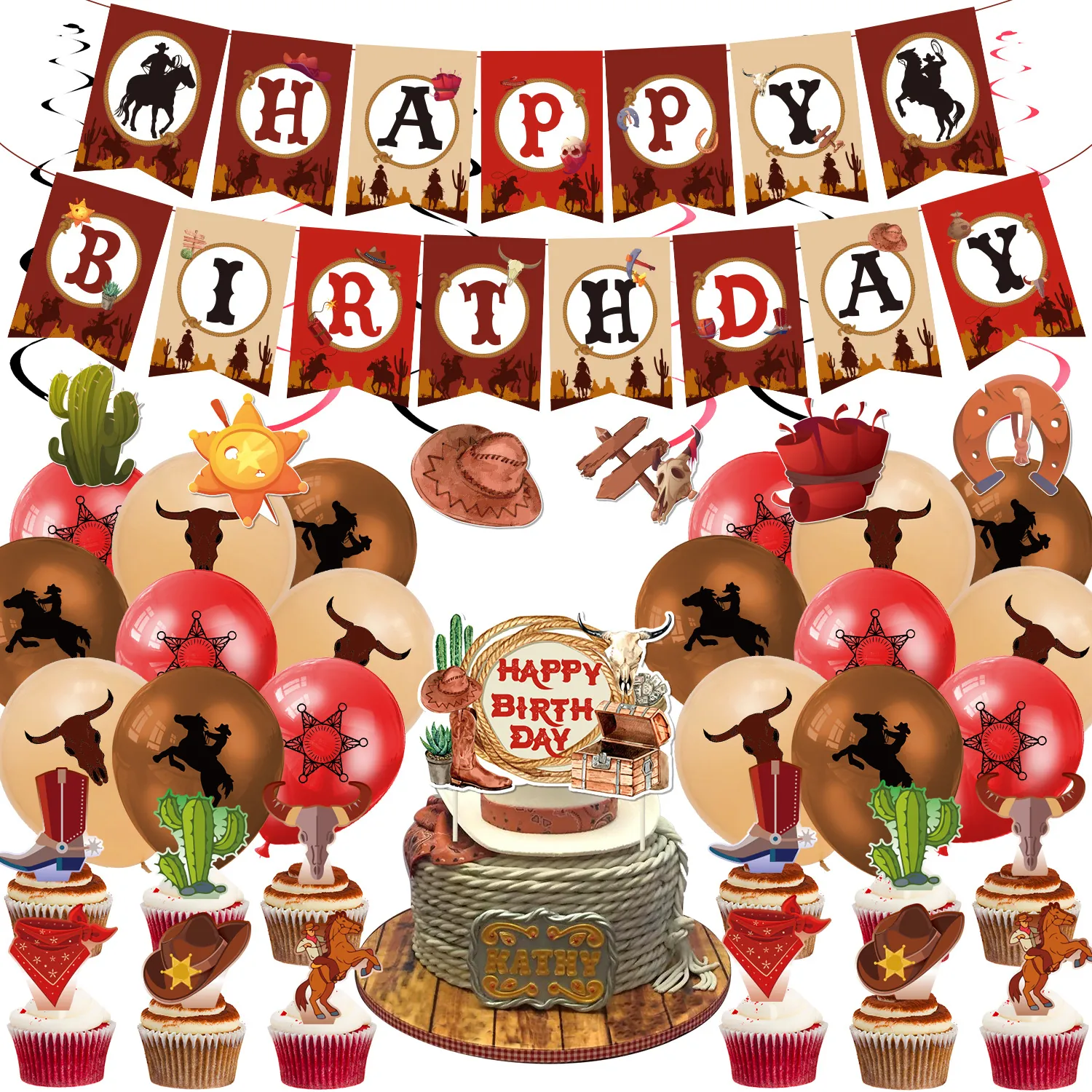 Western Cowboy Theme Birthday Party Decorations Paper Banner Latex Balloons Cake Toppers Hanging Spirals Multi Color