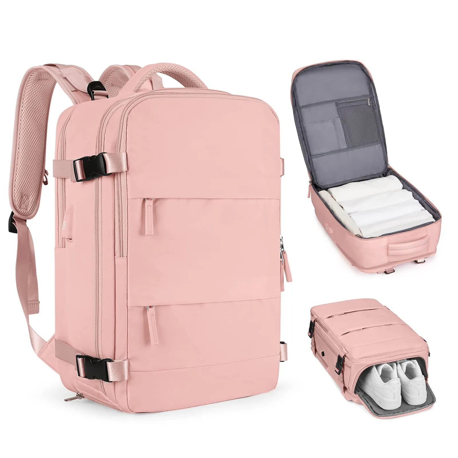 Women Travel Backpack Nylon Waterproof Large Capacity Laptop Compartment Independent Shoe Pocket USB Charging Port Casual