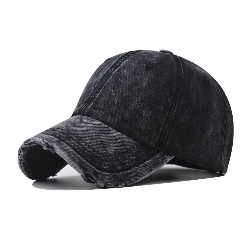 Washed Cotton Denim Baseball Cap Distressed Broken Hole Vintage Retro Adjustable Sun Hat For Men Women