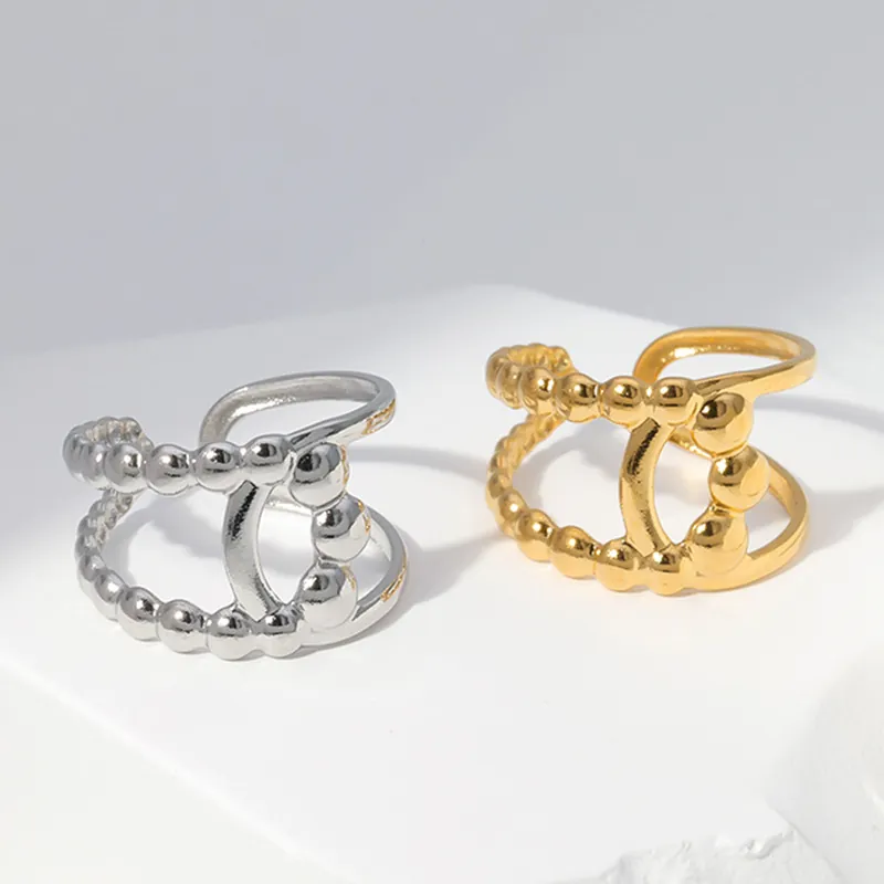 Anello Regolabile Acciaio Inossidabile Placcato Oro Doppio Strato Bordo Perlato Cavo Geometrico Gioielli Minimalisti Per Donne
