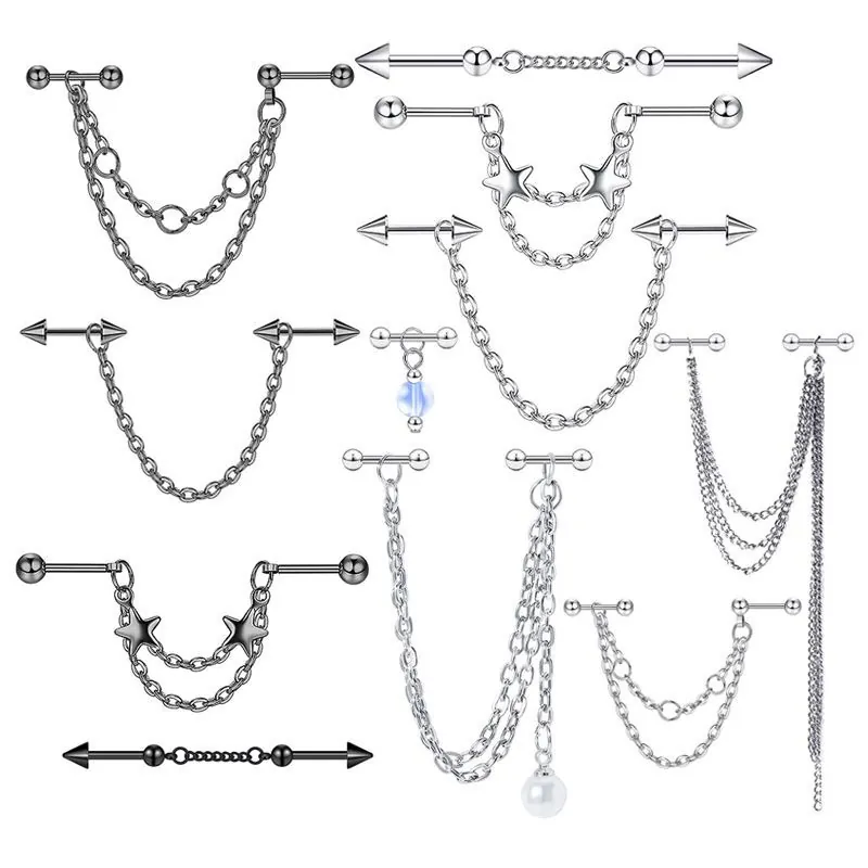 Stainless Steel Industrial Piercing Earring With Chain Stars Artificial Pearl Barbell Ear Bone Stud Punk Jewelry For Women Men