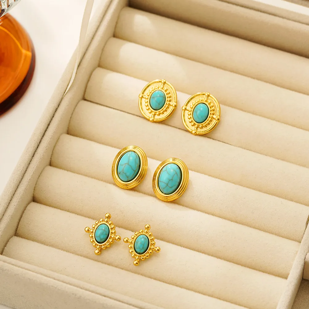 Vintage Oval Turquoise Stud Earrings 18K Gold Plated Alloy Bohemian Ethnic Style Retro Jewelry For Women