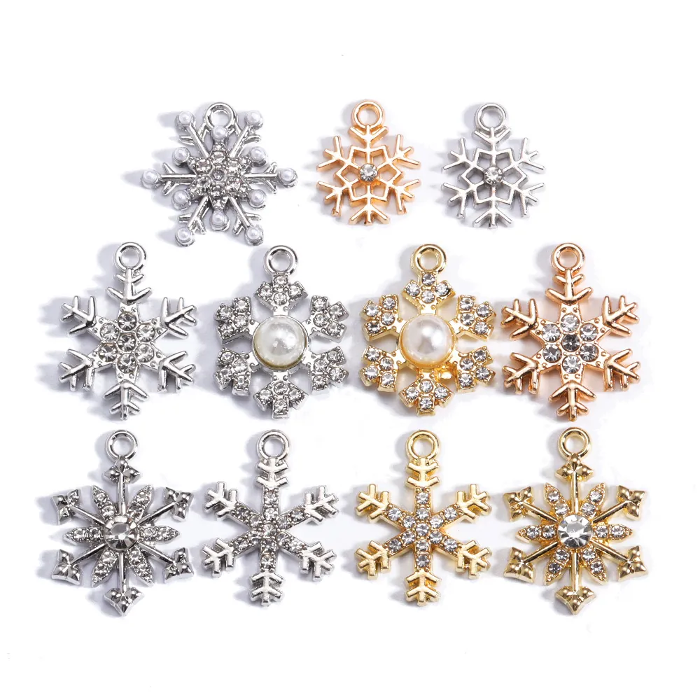 Snowflake Charms Alloy Rhinestone Zircon Faux Artificial Pearl Pendants DIY Jewelry Making Christmas Winter Fashion Accessories