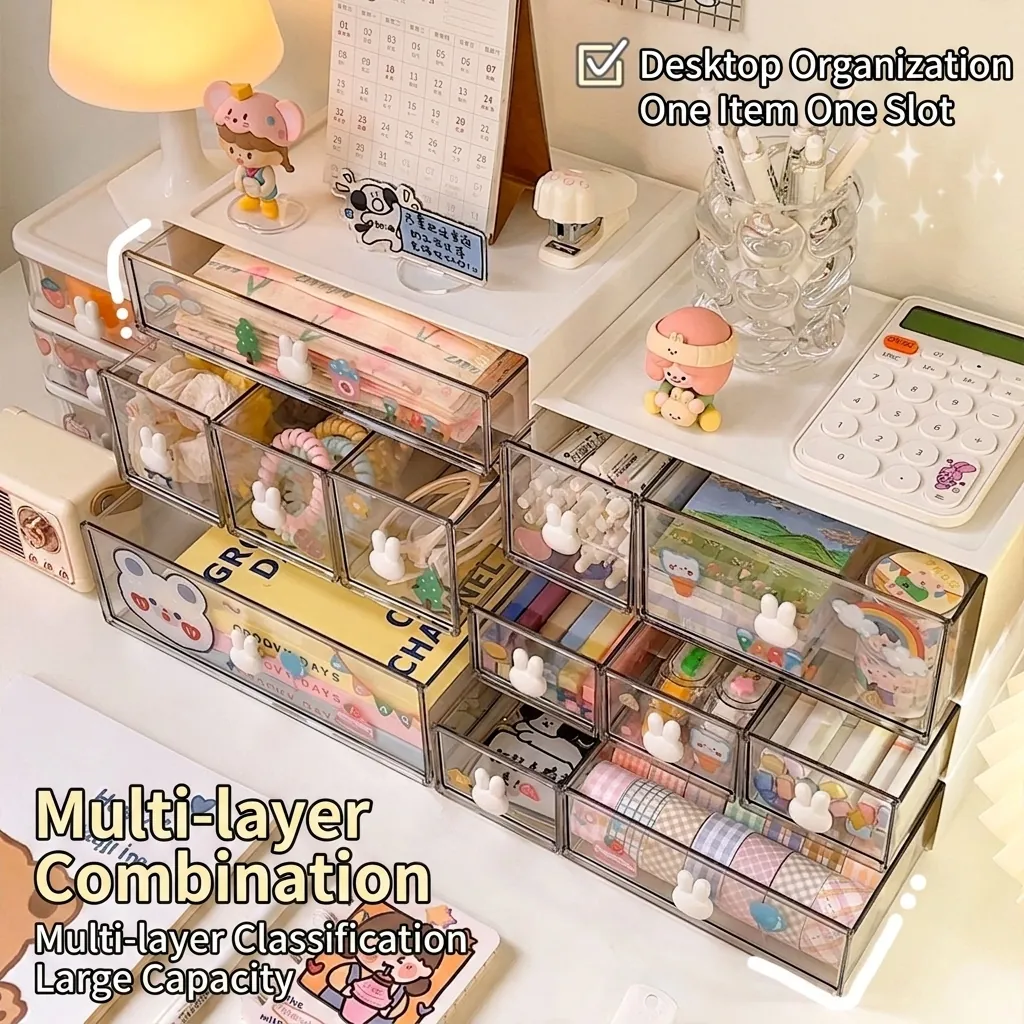 Desktop Drawer Storage Box Stackable Transparent Plastic Cute Rabbit Handle Stationery Makeup Organizer Office Home
