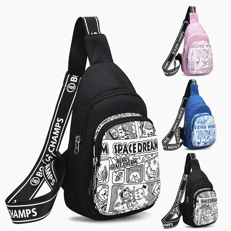 Kids Sling Bag Crossbody Chest Pack Water Resistant Nylon Cartoon Space Bear For Boys Girls Casual Travel Streetwear