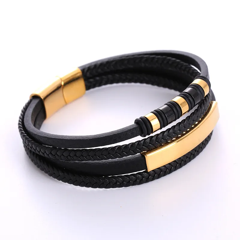 Multi Layer Woven Leather Bracelet For Men With 316L Stainless Steel Magnetic Clasp Hip Hop Jewelry Gold Tone