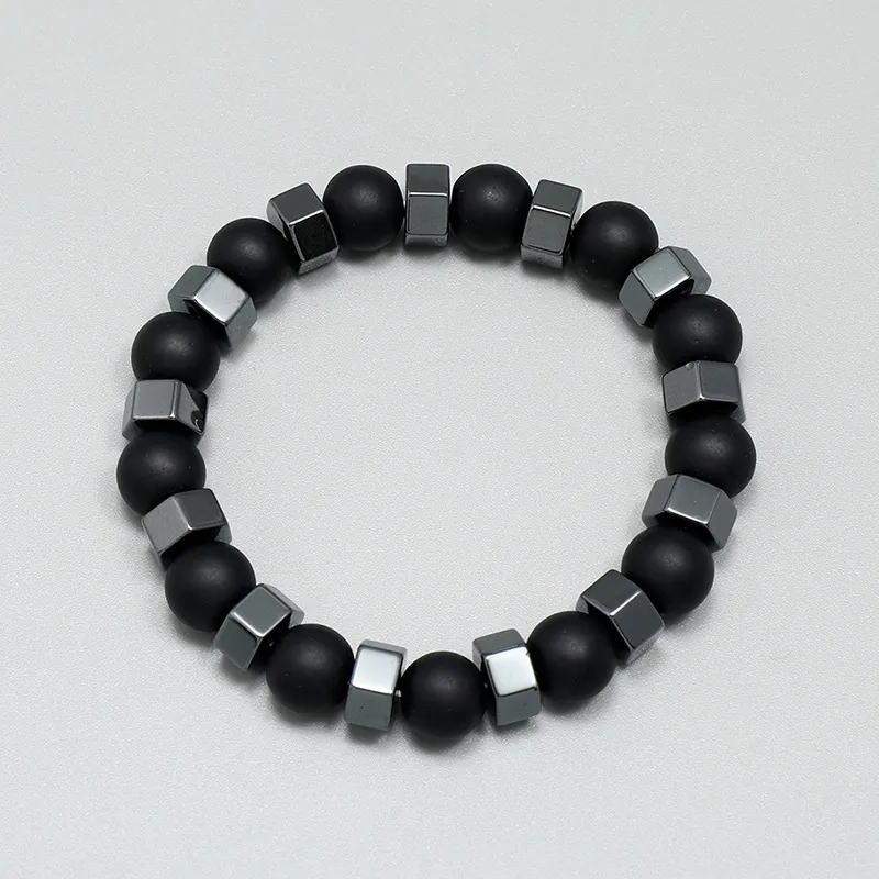 Hematite Glass Beaded Bracelet Unisex Matte Black Beads Hexagonal Alloy Spacers Elastic Wristband Industrial Style Retro