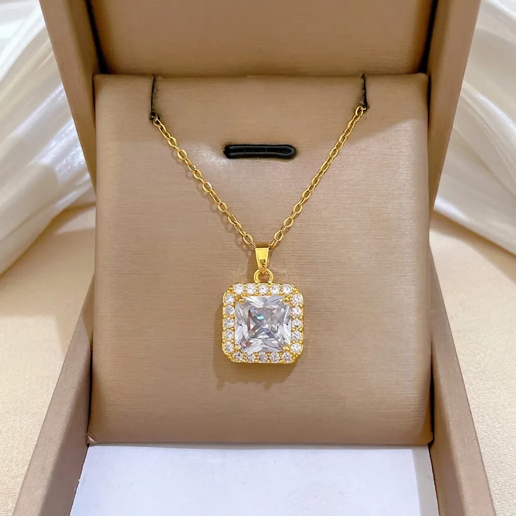 Elegant Square Halo Pendant Necklace Stainless Steel Chain Copper Micro Pave Zircon Luxury Jewelry For Women Gold Plated