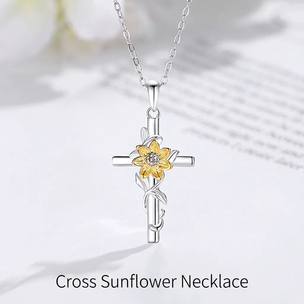 925 Sterling Silver Sunflower Cross Necklace For Women Gold Plated With Zircon Inlaid Religious Nature Inspired Jewelry