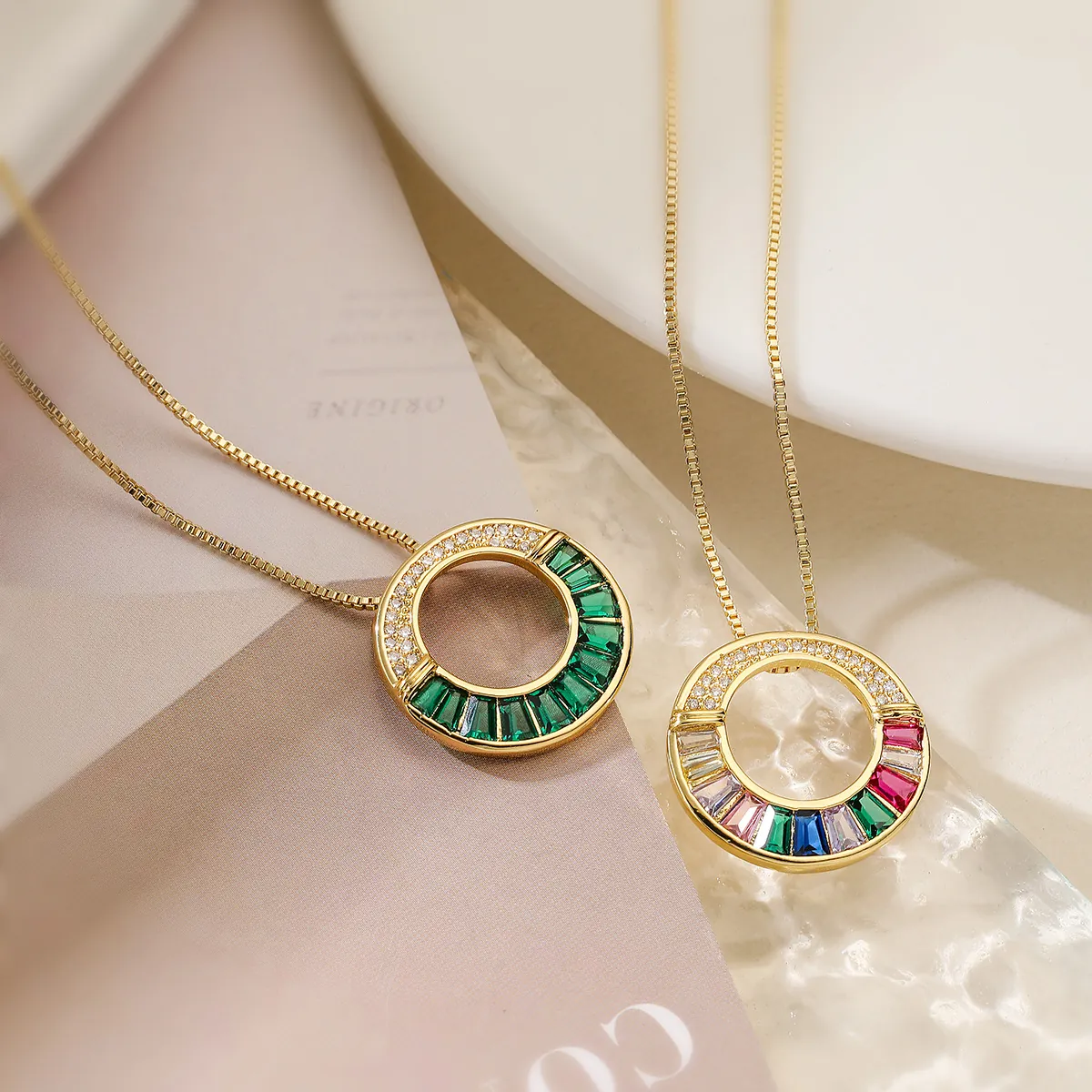 Pendant Necklace Copper 18K Gold Plated Hollow Round Circle Colorful Cubic Zirconia Light Luxury Jewelry For Women