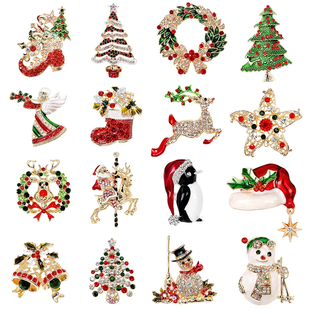 Kerst Broches Spelden Legering Strass Emaille Rendier Kerstman Boom Sneeuwpop Feestelijke Sieraden Cadeau