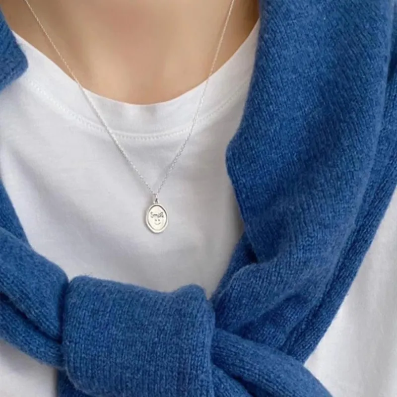 Smile Face Oval Pendant Necklace Brass Minimalist Retro Jewelry For Women