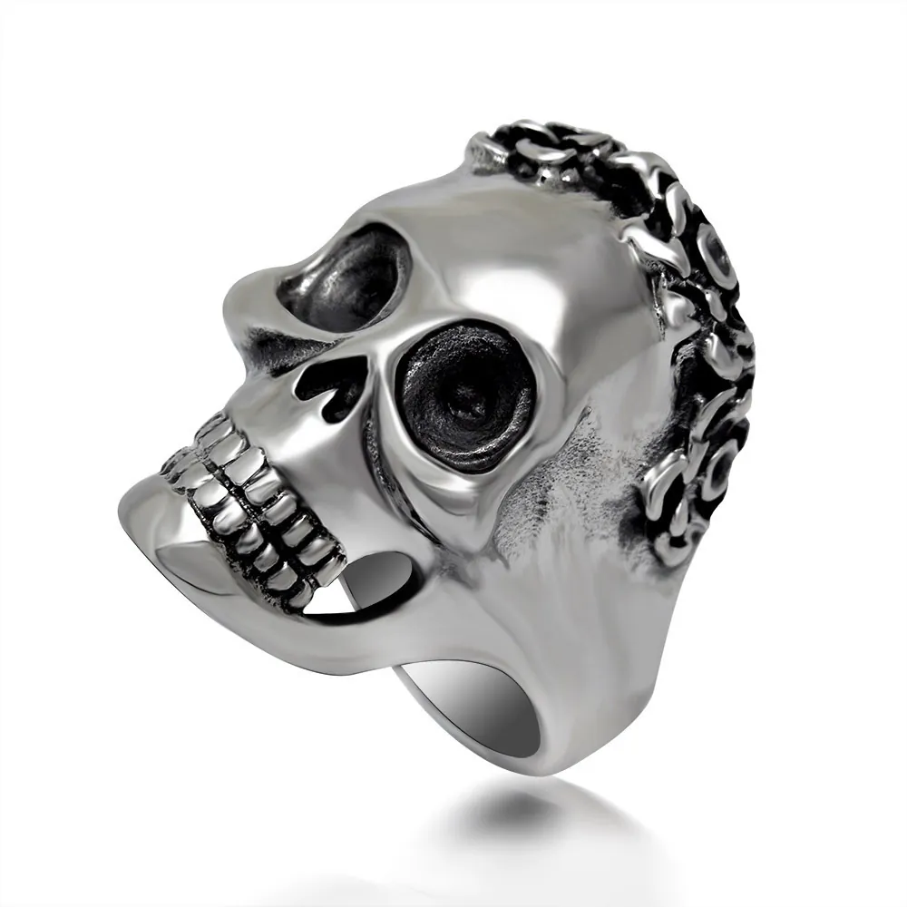 Skull Ring Titanium Steel Flower Carved Retro Silver Gothic Punk Rock Jewelry For Men