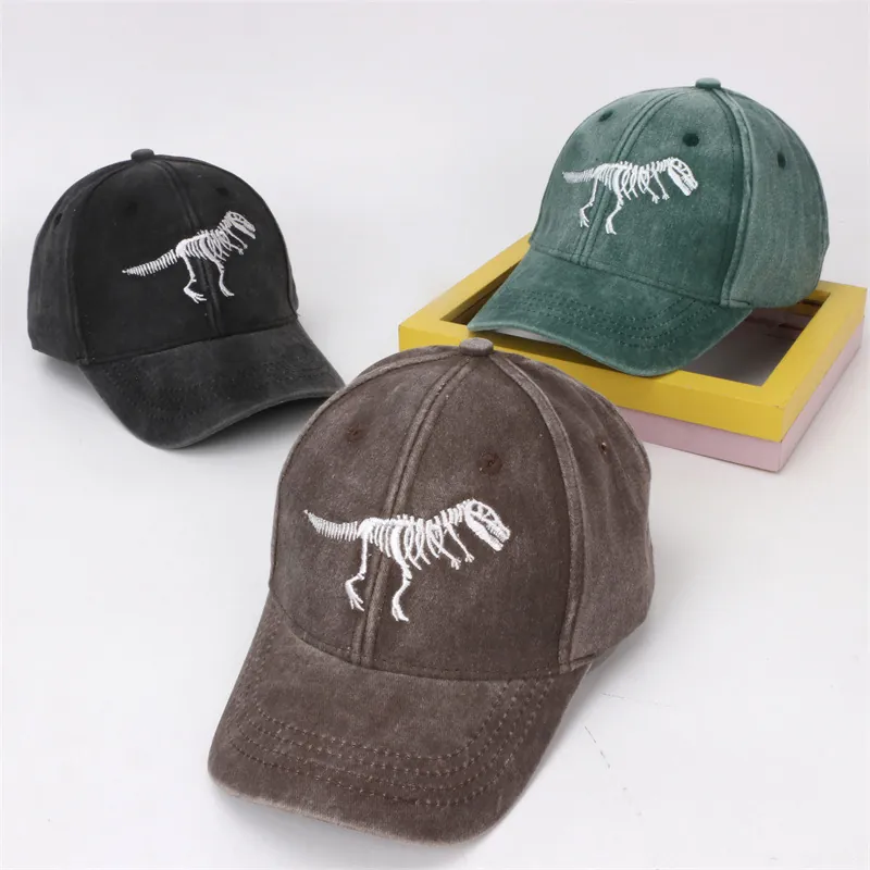 Kids Baseball Cap Washed Cotton Dinosaur Skeleton Bone Embroidery Vintage Hip Hop Sun Peaked Hat For Toddlers Boys Girls