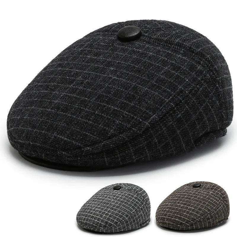 Men Winter Flat Cap Plaid Woolen Cotton Warm Ear Protection Retro British Newsboy Hat