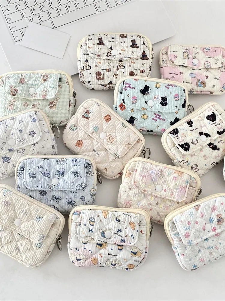 Quilted Cloth Coin Purse Mini Organizer Cartoon Animal Pattern Zippered Pouch With Keychain Hook For Women Girls