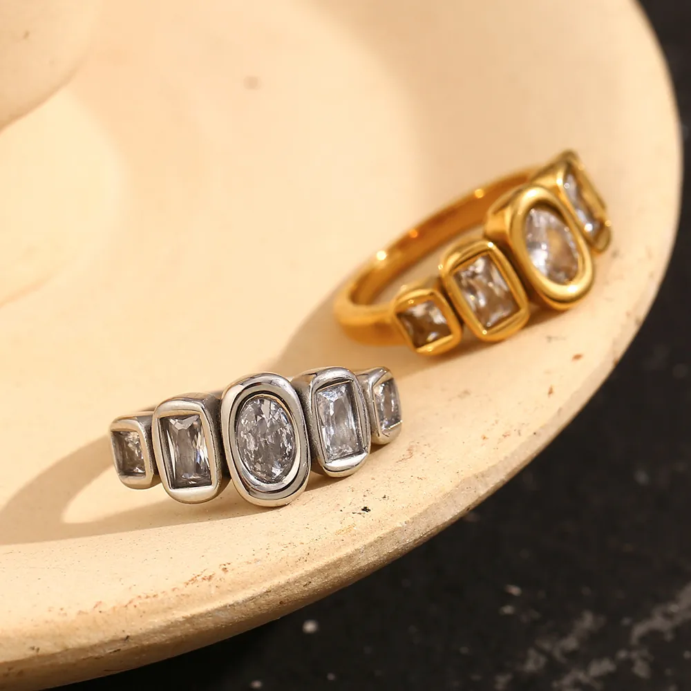 Geometric Cubic Zirconia Ring 316L Stainless Steel 18K Gold Plated Jewelry For Women Elegant Trendy INS Style Accessory
