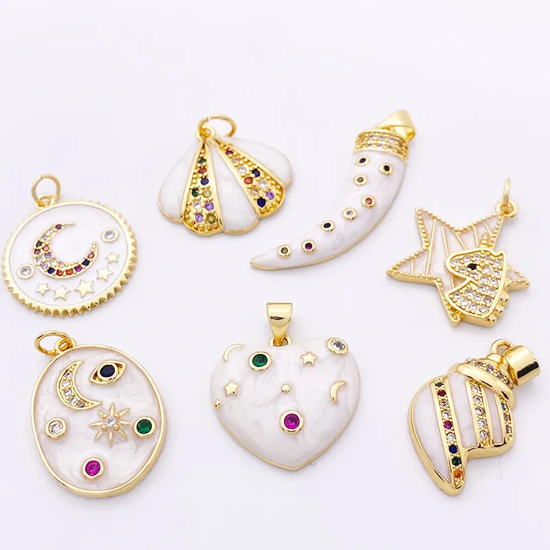Breloques Pendentifs En Cuivre Cœur Lune Étoile Coquillage Licorne Avec Zircon Coloré Émail Blanc Pour Création Bijoux DIY