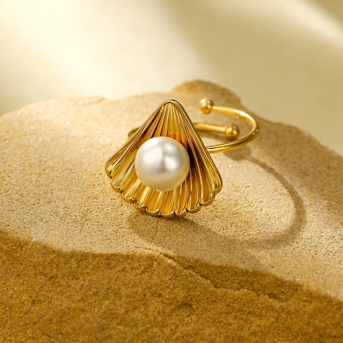 Anello Aperto con Conchiglia Marina e Perla Artificial per Donna Acciaio Inossidabile Placcato Oro Regolabile Anello per Dita con Perla Artificial Mare Gioielli Regalo