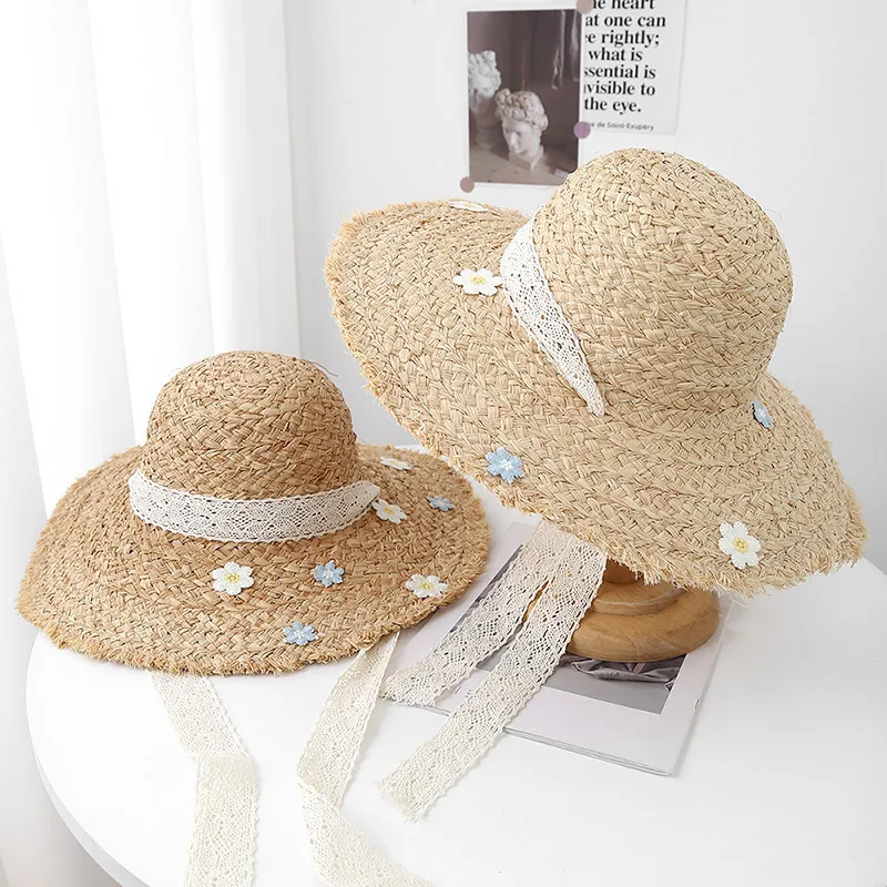 Summer Women Straw Hat Wide Brim Lace Ribbon Flower Decor Breathable Sunshade Beach Holiday Fringe Edge Sweet