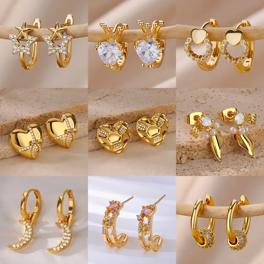 Zircon Earrings 18K Gold Plated Copper Heart Star Moon Crown Flower Leaf Elegant Fashion Jewelry For Women