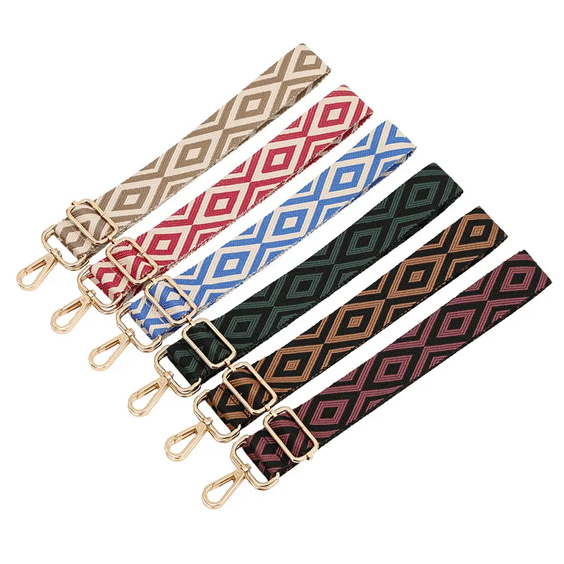 Wide Bag Strap Replacement Adjustable Polyester Woven Geometric Rhombic Pattern For Crossbody Shoulder Bags Metal Buckles