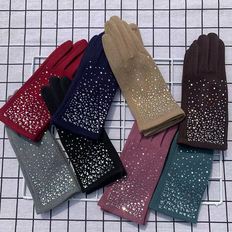 Women Winter Thermal Dralon Gloves Thick Fleece Lined Touchscreen Gloves With Rhinestone Stardust Pattern Outdoor Riding