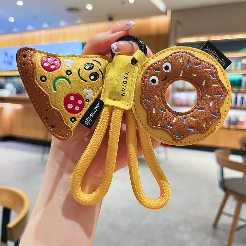 Mignon Dessin Animé Forme Alimentaire PU Cuir Porte-Clés Pizza Hamburger Donut Charme De Sac Avec Sangle Tissée Pour Sac À Dos