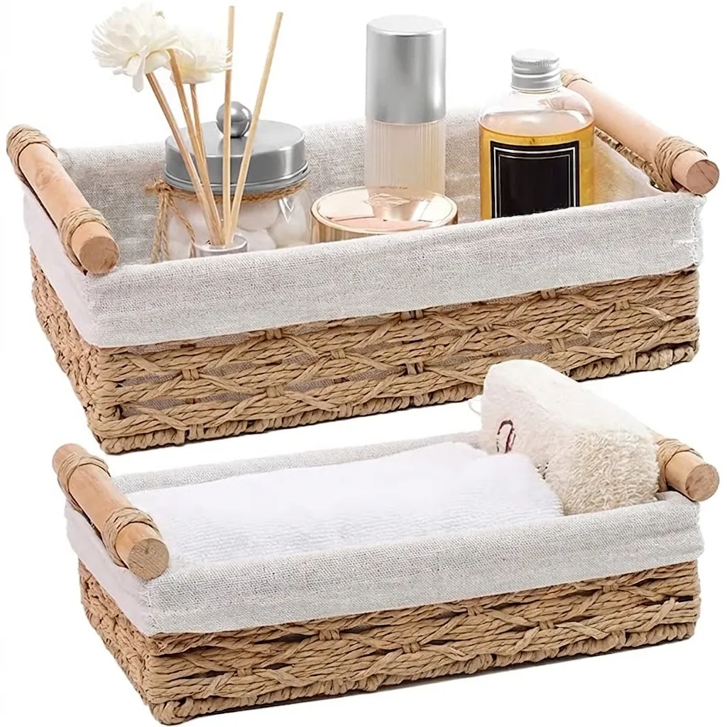 Woven Storage Basket Paper Rope Rectangular With Wooden Handles And Removable Liner For Bathroom Desktop Organization