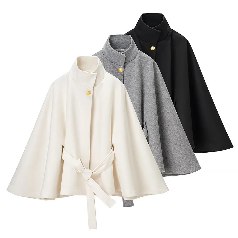 Damen Casual Wollmantel Cape Mit Stehkragen Trompetenärmel Gürtel Kurz Einfarbig Elegant Winterjacke Oberbekleidung