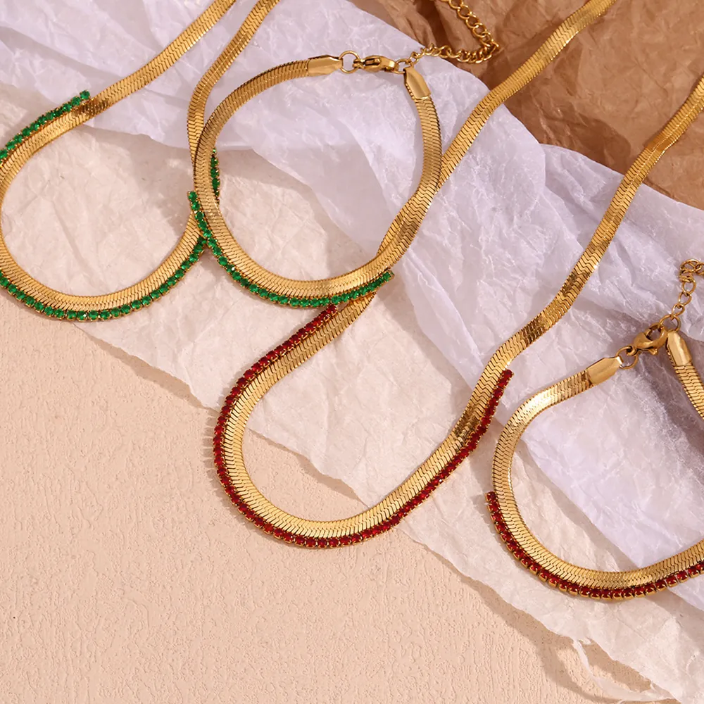 Stainless Steel Zirconia Fishbone Necklace Bracelet Set Gold Plated 18K Geometric Jewelry For Women Trendy Party Accessories