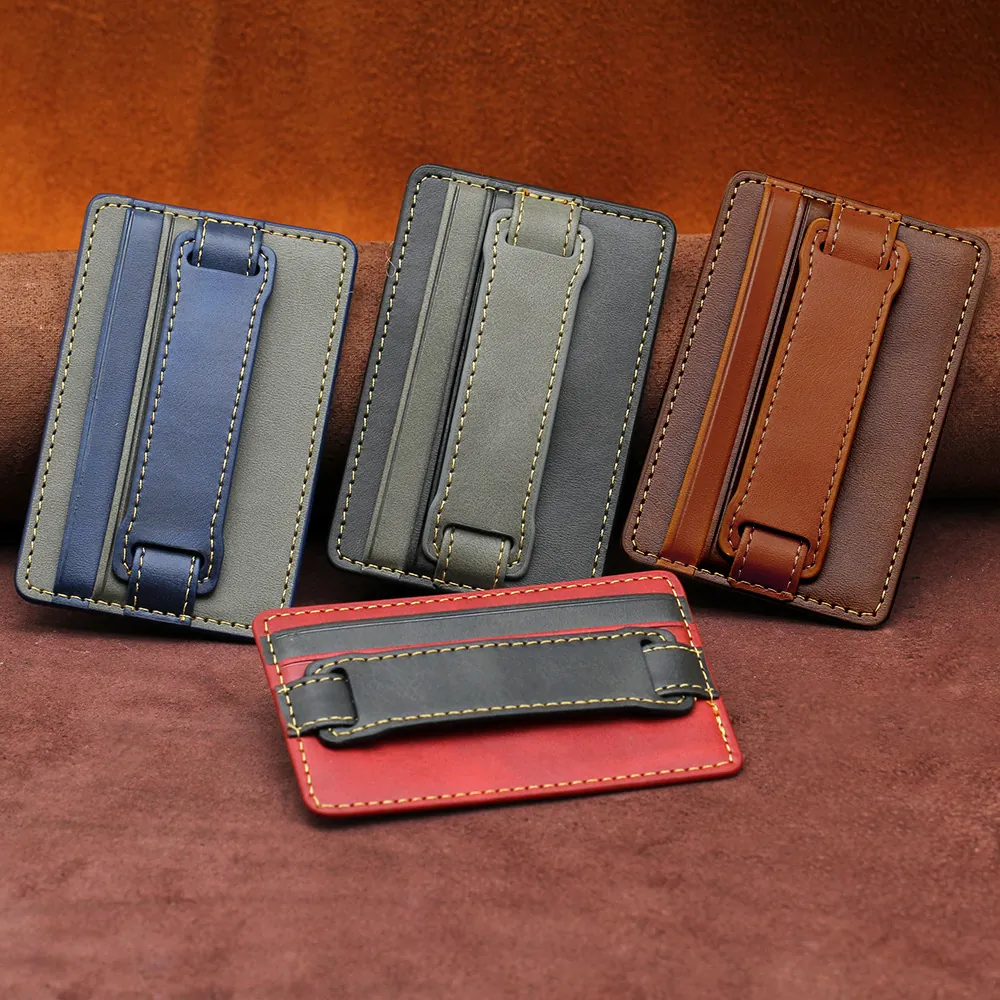 Luxury PU Leather Adhesive Phone Card Holder Stick-On Wallet With Wrist Strap Finger Ring Multi Function Desktop Phone Stand