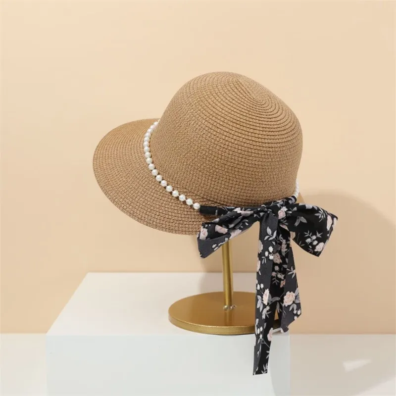 Damen Strohhut Mit Künstliche Perlenkette Und Floraler Schleife Eleganter Sonnenhut Mit Breiter Krempe Atmungsaktive Cloche