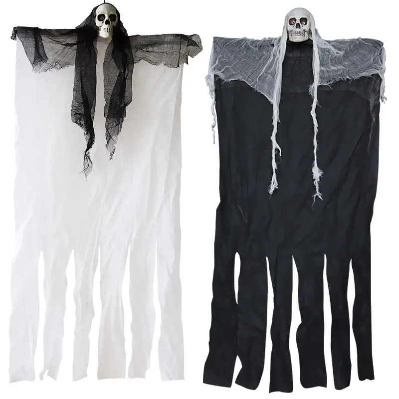 Décoration De Fantôme Suspendu D'Halloween Crâne De Squelette En Plastique Accessoire En Tissu De Gaze Pour Maison Hantée