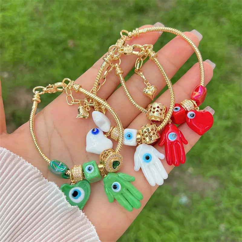 Evil Eye Hamsa Hand Snake Chain Bracelet Gold Plated Copper Enamel Heart Charms Adjustable Bohemian Jewelry For Women