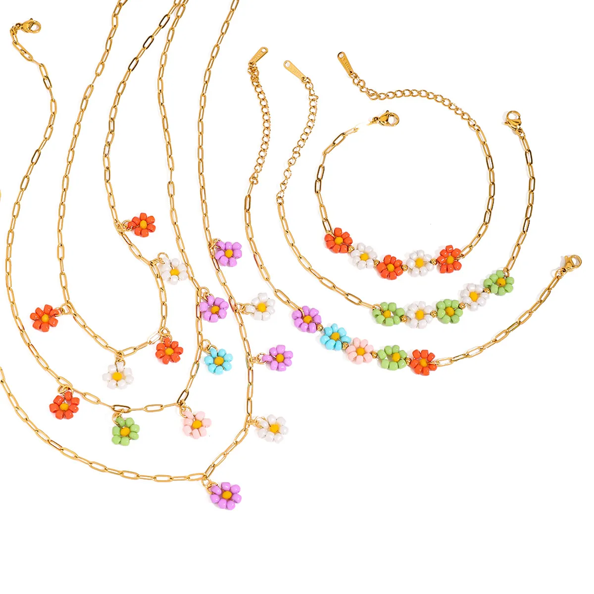 Colorful Flower Bead Necklace And Bracelet 18K Gold Plated Stainless Steel Daisy Waterproof Jewelry For Women