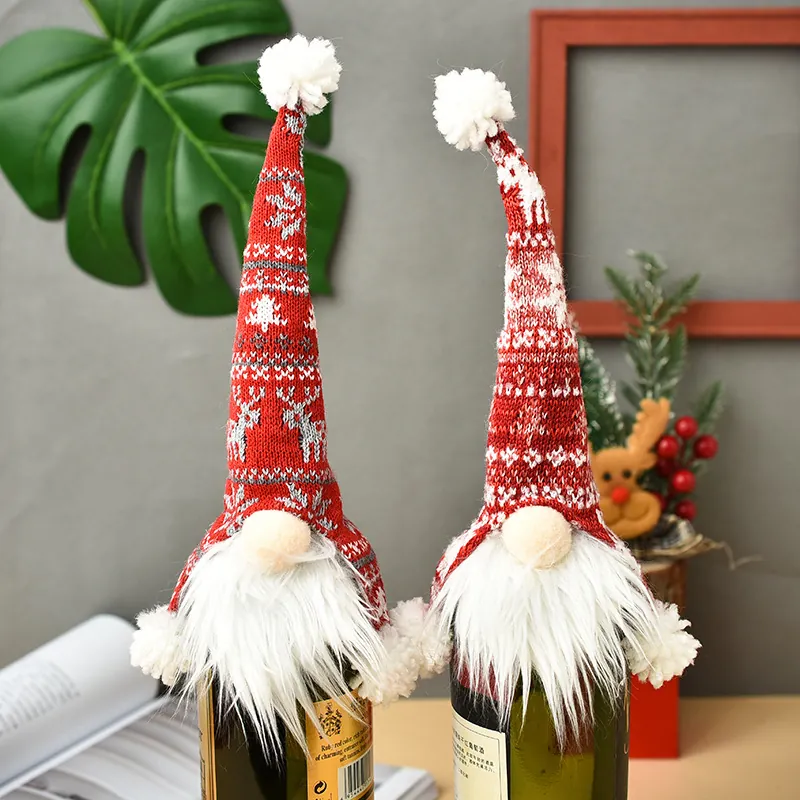 Gebreide Kerst Kabouter Wijnhouder Hoes Rood Wit Rendier Patroon Wijnfles Decoratie Kerstmis Feesttafel Decoratie