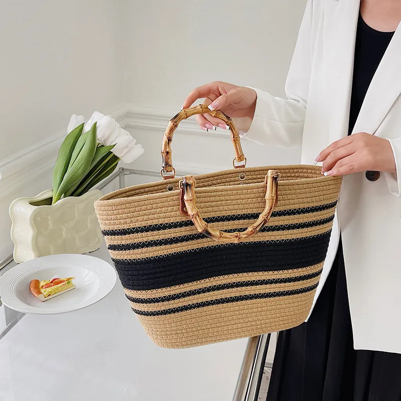 Woven Straw Tote Bag With Bamboo Handle Large Capacity Contrast Stripe Handbag For Women Summer Beach Vacation Travel