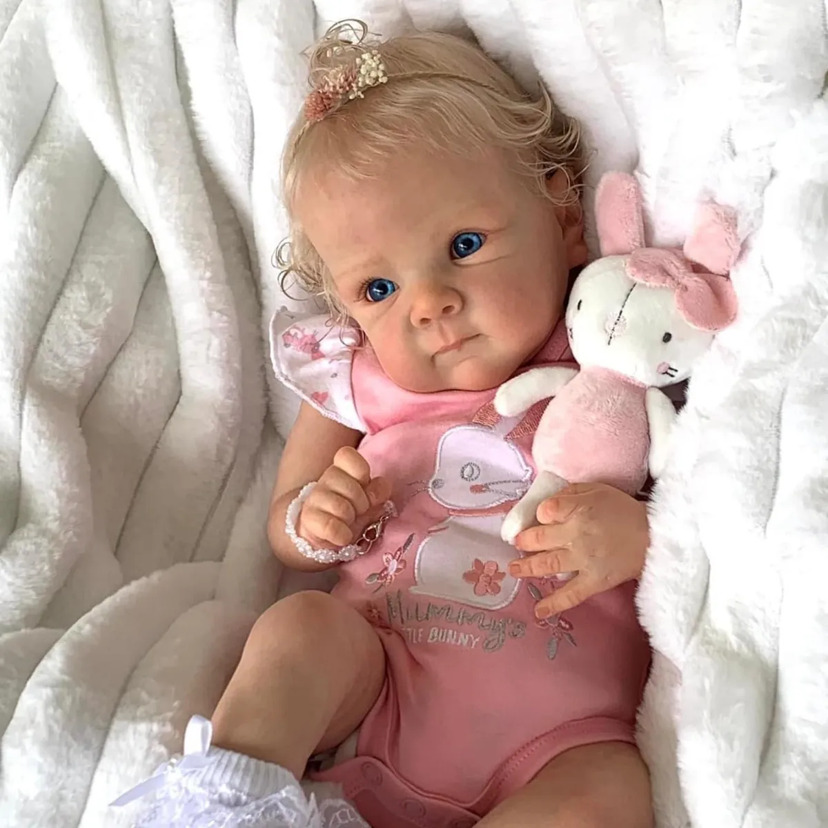 Reborn Baby Doll Soft Silicone Realistic Newborn Handmade Blonde Curly Hair Blue Eyes Pink Bunny Outfit For Kids