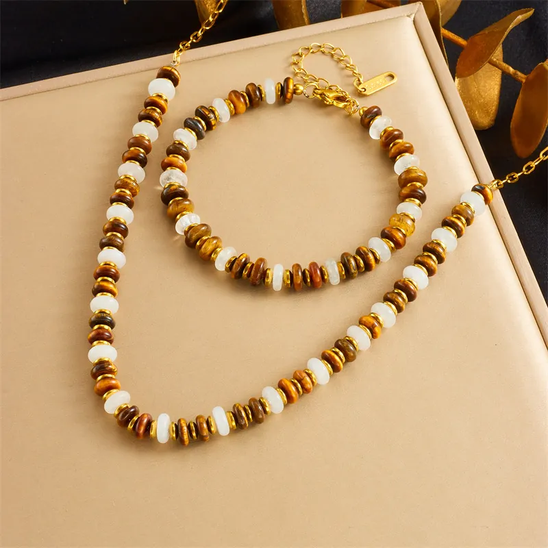 Retro Maillard Tiger Eye Style Resin Beaded Necklace And Bracelet For Women With Stainless Steel Chain Accessory