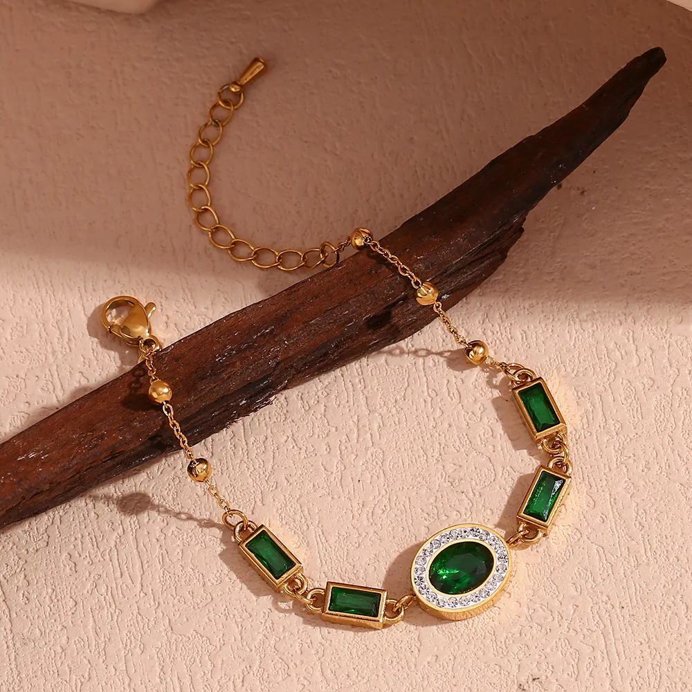 Vintage Emerald Green Zircon Bracelet 18K Gold Plated Stainless Steel Adjustable Jewelry For Women Luxury Retro Style