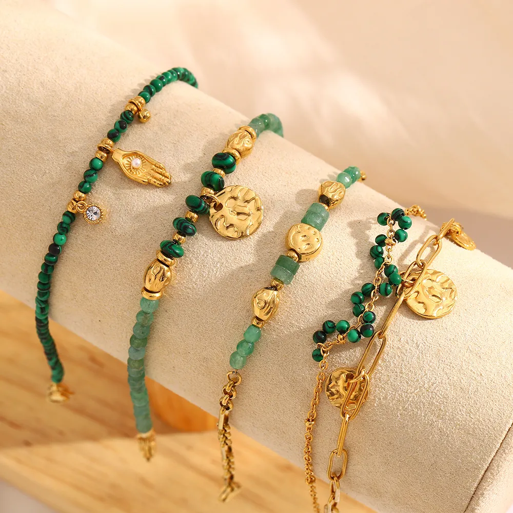 Stainless Steel 18K Gold Plated Bracelet For Women Natural Stone Hamsa Hand Round Coin Charms Vintage Bohemian Jewelry