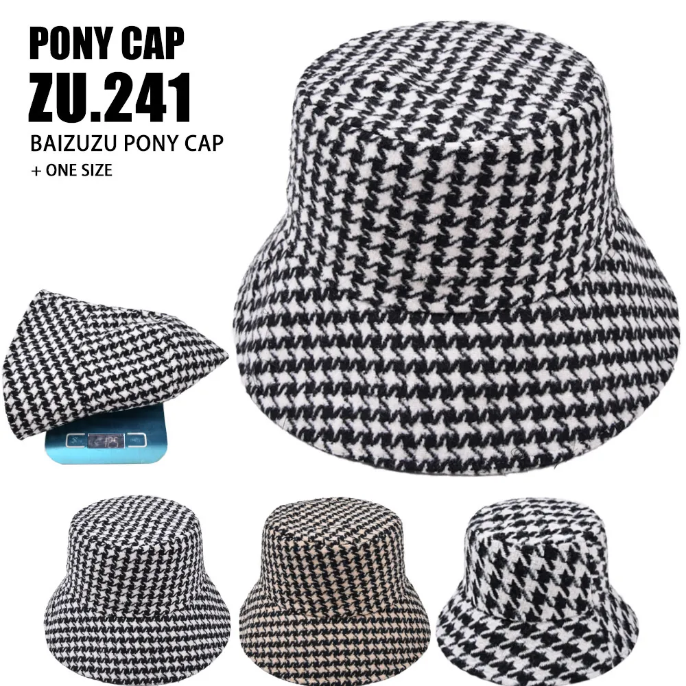 Women Houndstooth Bucket Hat Vintage British Style Cotton Tweed Warm Winter Fisherman Cap Retro Versatile