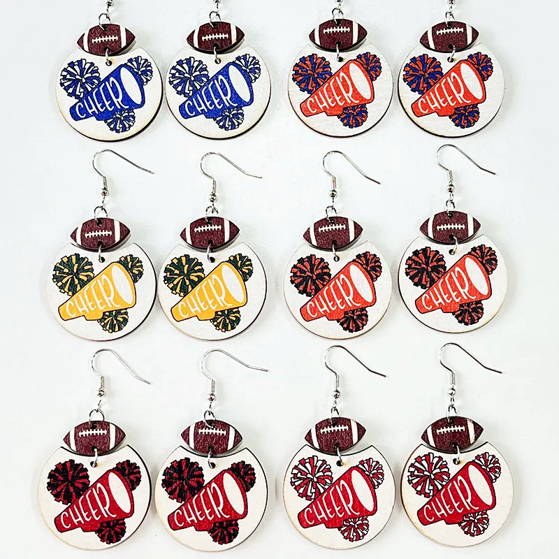 American Football Cheerleading Wood Dangle Earrings Printed Lightweight Sports Game Day Jewelry For Women Girls